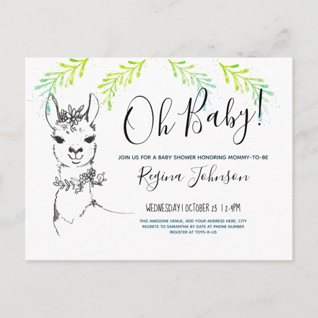Oh Baby Shower Girl Cute llama Postcard (Front)
