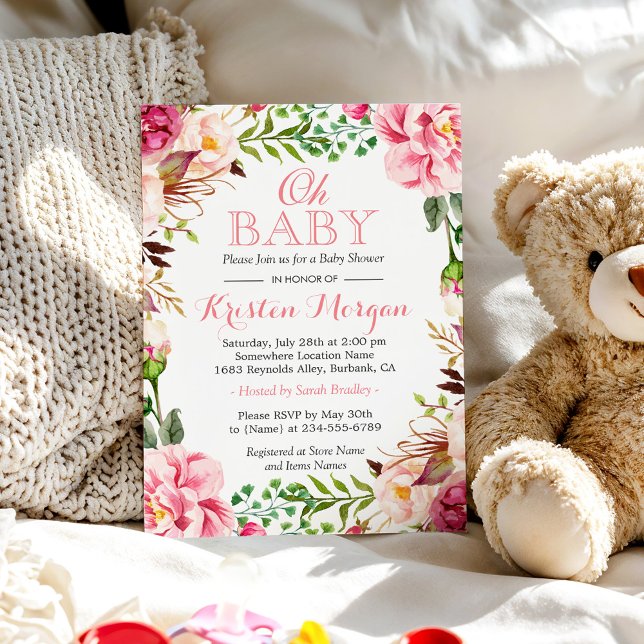 Oh Baby Shower Girly Elegant Chic Pink Flowers Invitation (Creator Uploaded)