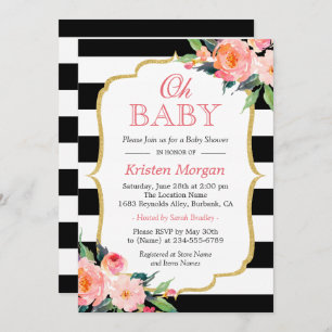 Oh Baby Shower Modern Floral Gold Frame Stripes Invitation