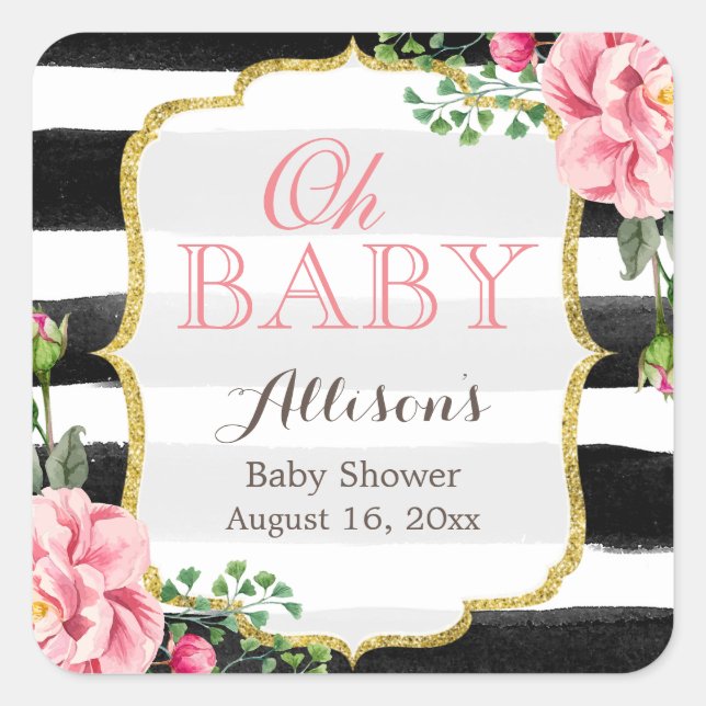 Oh Baby Shower Romantic Pink Floral Gold Stripes Square Sticker (Front)