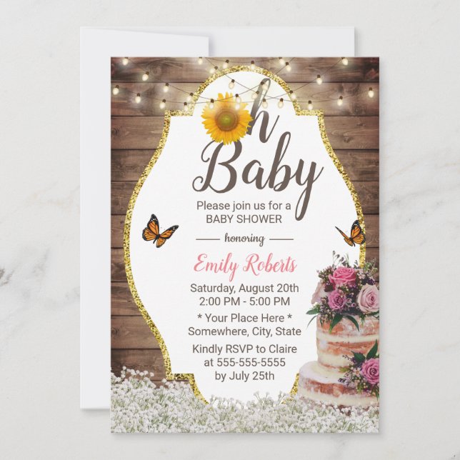 Oh Baby Shower Rustic Floral Cake Sunflower Invitation (Front)