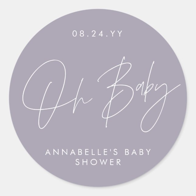Oh Baby shower script modern lilac purple elegant Classic Round Sticker (Front)