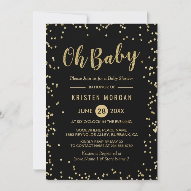 Oh Baby Shower Trendy Black Gold Glitter Dots Invitation (Front)