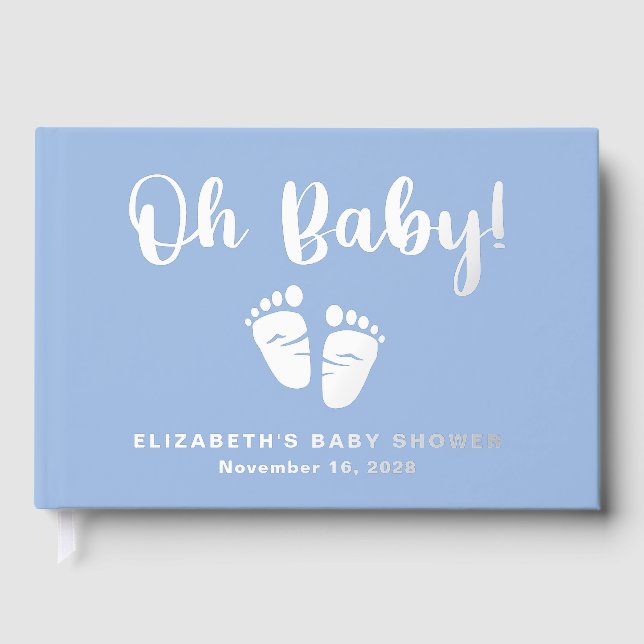 Oh Baby Silver Foil Blue Baby Feet Boy Shower Guest Book (Front)