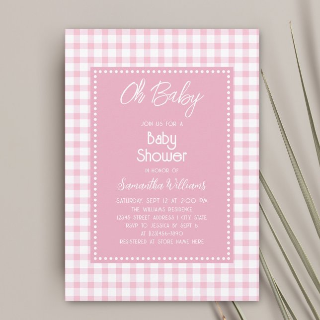 Oh Baby Simple Retro Pink Gingham Girl Baby Shower Invitation (Creator Uploaded)