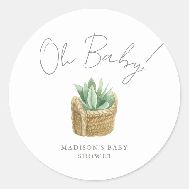 Oh Baby Simple Succulent Baby Shower Classic Round Sticker (Front)