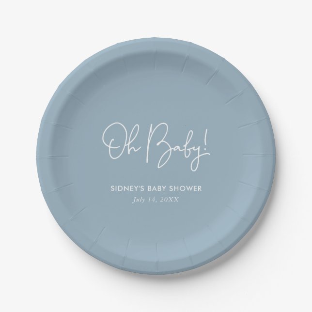 Oh Baby Sky Blue Personalized Baby Shower Paper Plate (Front)