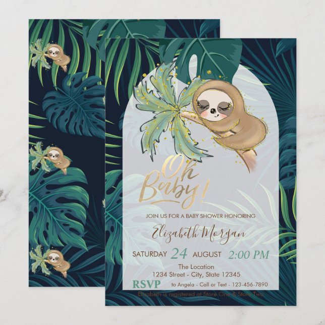 Oh Baby Sleeping Sloth Palm Leaf Baby Shower Invitation (Front/Back)