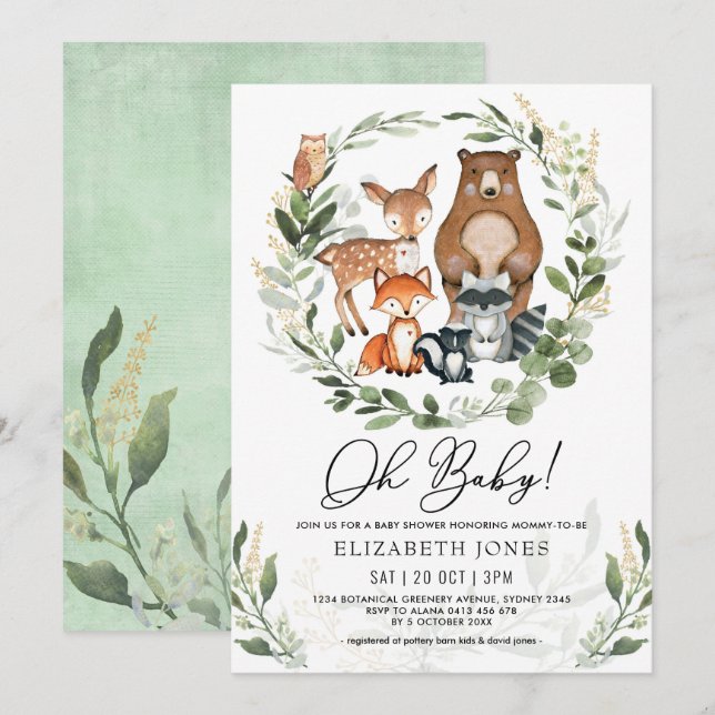 Oh Baby | Soft Greenery Woodland Forest Shower Invitation (Front/Back)