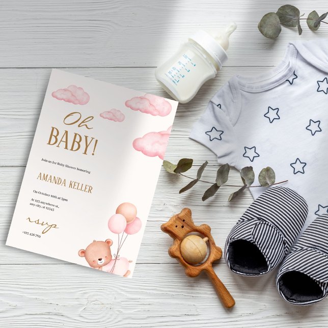 Oh Baby! Soft Pink Cloud Baby Bear Shower Invitation (Creator Uploaded)