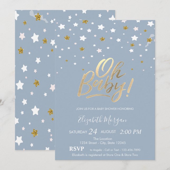 Oh Baby Stars Dusty Blue Baby Shower Invitation (Front/Back)