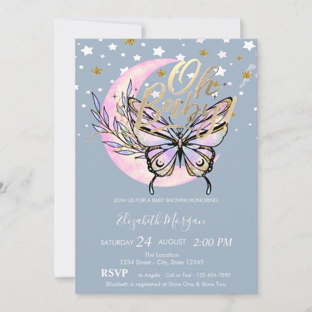 Oh Baby Stars Moon Butterfly Blue Baby Shower Invitation (Front)