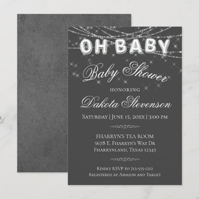 Oh Baby String Light | Dark Grey Balloon Shower Invitation (Front/Back)