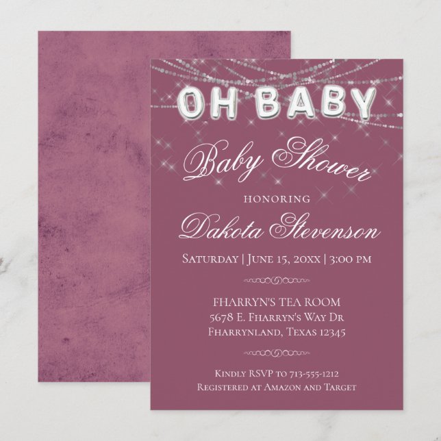 Oh Baby String Light | Millennial Pink Balloon Invitation (Front/Back)