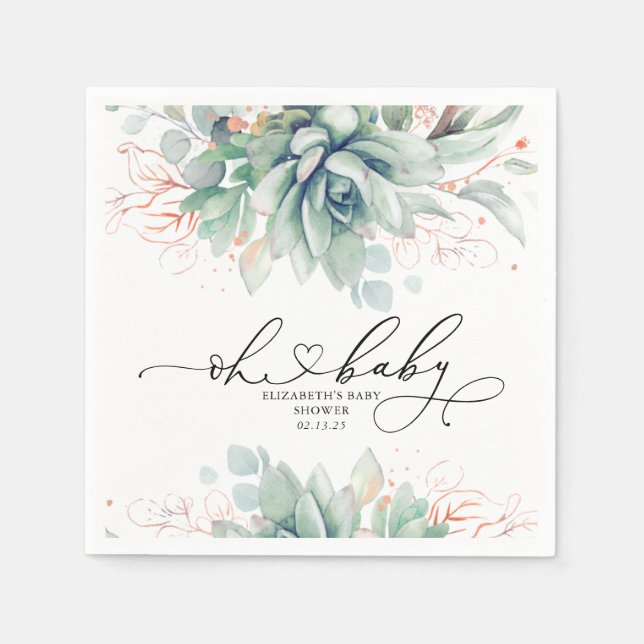 Oh Baby Succulents Greenery Baby Shower Napkins (Front)