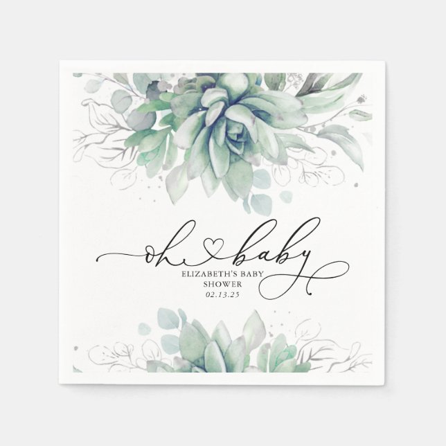 Oh Baby Succulents Silver Greenery Baby Shower Napkin (Front)