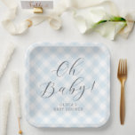Oh Baby! Sweet Light Blue Gingham Baby Shower Paper Plate<br><div class="desc">These simple yet stylish paper plates feature a sweet baby blue gingham background with an elegant calligraphy script greeting that says "Oh Baby". Coordinating items are available in the collection.</div>