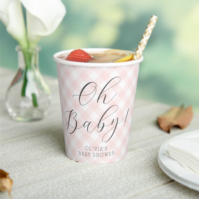 Oh Baby! Sweet Light Pink Gingham Baby Shower Paper Cups (Insitu)