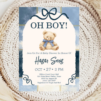 Oh Baby Teddy Bear Blue Baby Shower Invitation