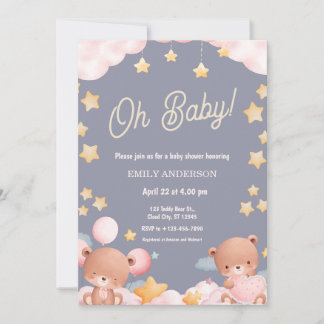 Oh Baby Teddy Bear Twinkle Little Star Baby Shower Invitation