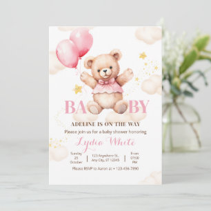 Oh Baby Teddy Bear With Balloon Girl Baby Shower Invitation