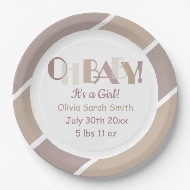 Oh Baby Typography Mocha Modern Baby Shower Paper Plate (Front)
