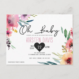 Oh Baby Watercolor Floral Girl Baby Shower Postcard