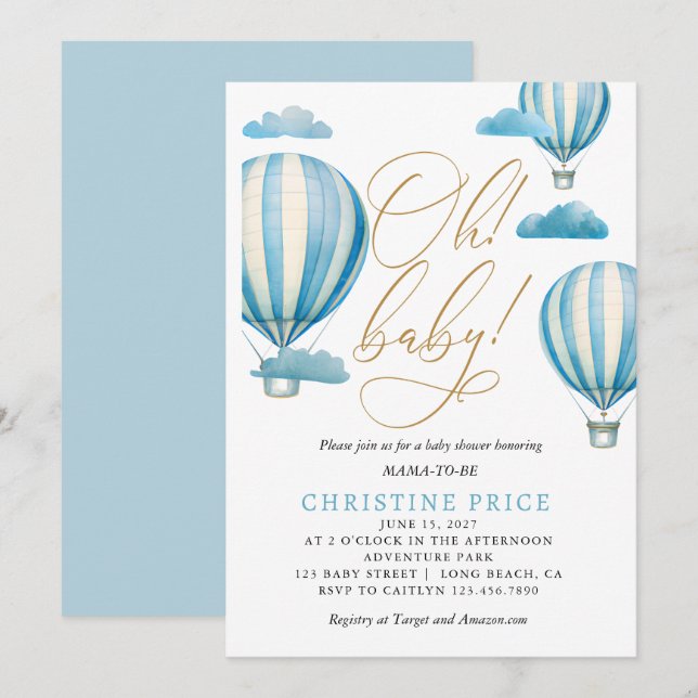 Oh Baby Watercolor Hot Air Balloons Baby Shower Invitation (Front/Back)