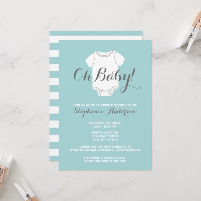 Oh Baby - Whimsical Blue Boy Party Shower Invitation (Front/Back In Situ)