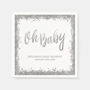 Oh Baby White Silver Faux Glitter Baby Shower Napkin