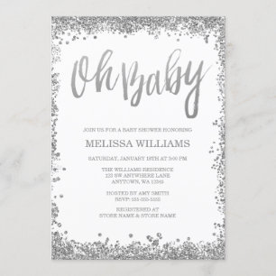 Oh Baby White Silver Glitter Baby Shower Invitation