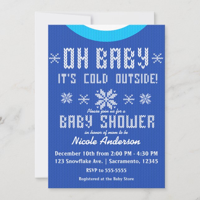 OH BABY Winter Baby Shower Knit Sweater Blue White Invitation (Front)