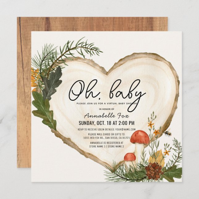 Oh Baby Wood Slice Mushroom Virtual Baby Shower Invitation (Front/Back)