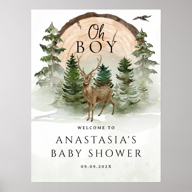 Oh Baby Woodland Watercolor Rustic Welcome Sign (Front)