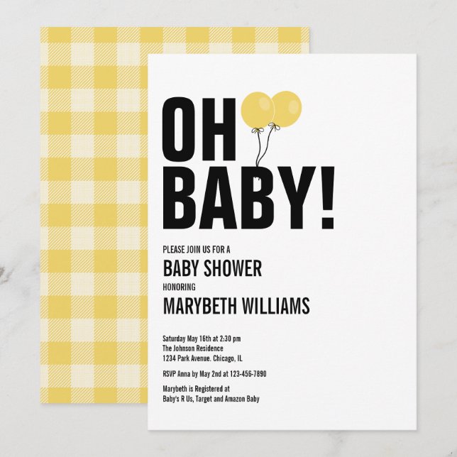 Oh Baby Yellow Balloon Baby Shower Party Card (Front/Back)
