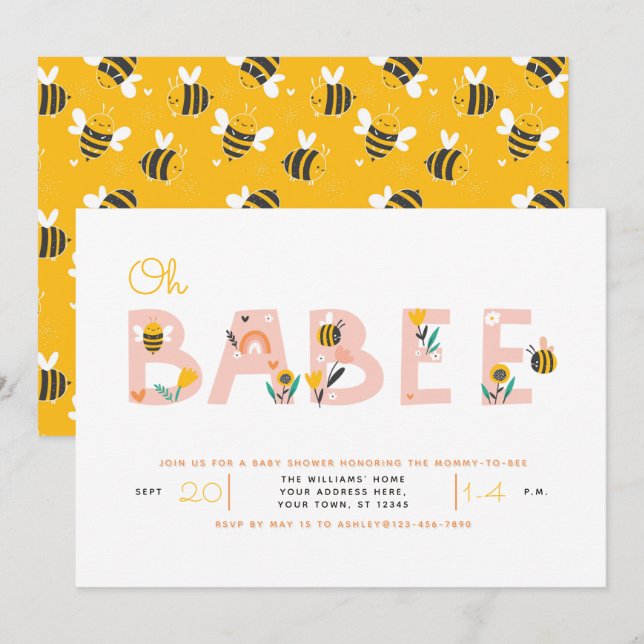 Oh Baby Yellow Bee Baby shower Invitation (Devant / Derrière)
