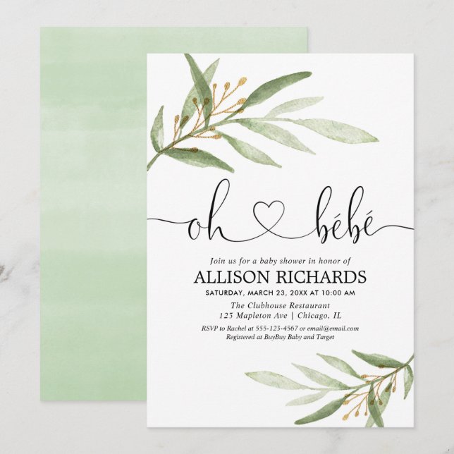 Oh bebe French greenery gold gender neutral shower Invitation (Front/Back)