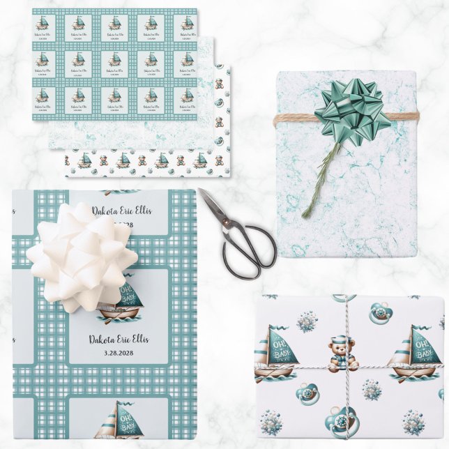 "Oh, bébé" Papier à enveloppement Nautique 3 Style ("Oh. Baby" Customized Wrapping Paper in a Nautical Blue Theme for Baby Shower or New Baby Gift)