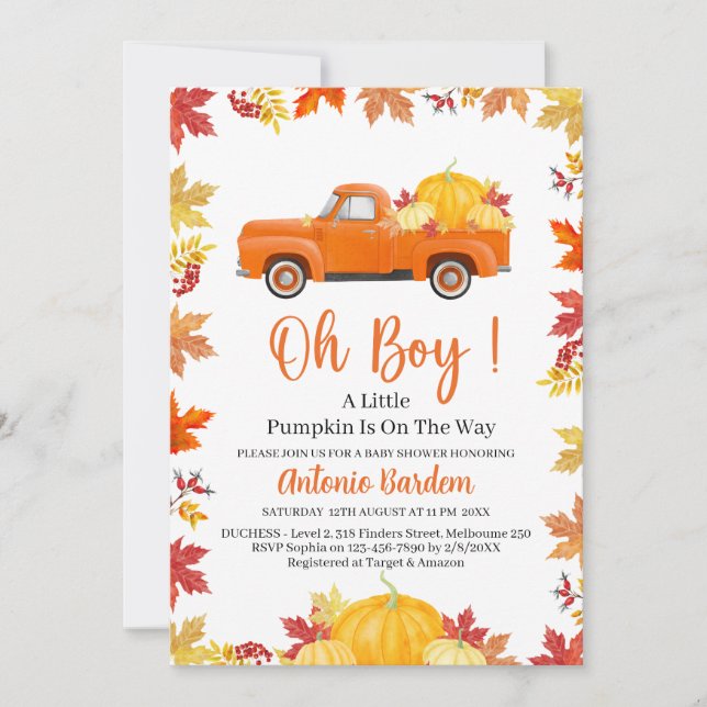 Oh Boy a Little Pumpkin Baby Shower Invitation (Front)