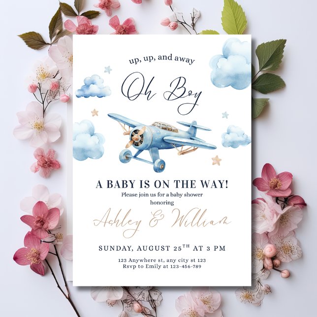 Oh Boy! Adventure Awaits Airplane Boy Baby Shower Invitation (Creator Uploaded)