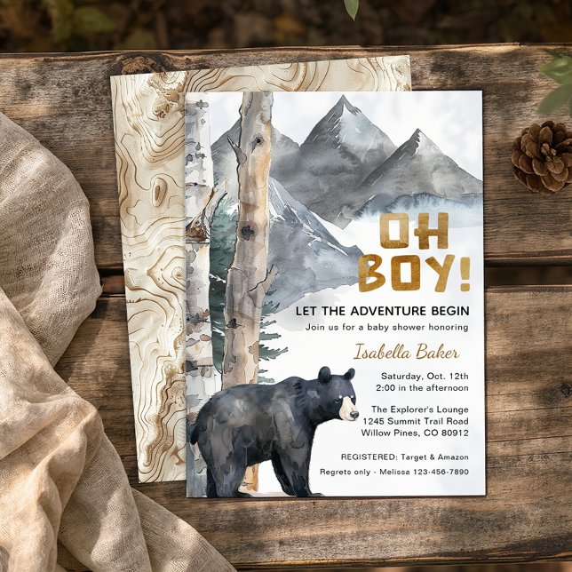 Oh Boy Adventure Begin | Bear & Birch Baby Shower Invitation (Woodland Baby Shower Invite)