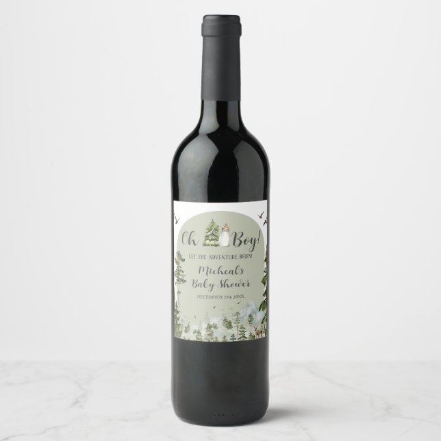 Oh Boy Adventure Pine Forest Baby Shower Wine Label (Front)