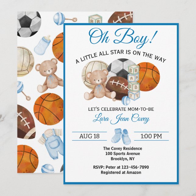 Oh Boy All Star Sport Baby Shower  Invitation (Front/Back)