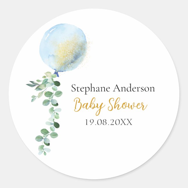Oh Boy Baby Blue Balloon Eucalyptus Classic Round Sticker (Front)