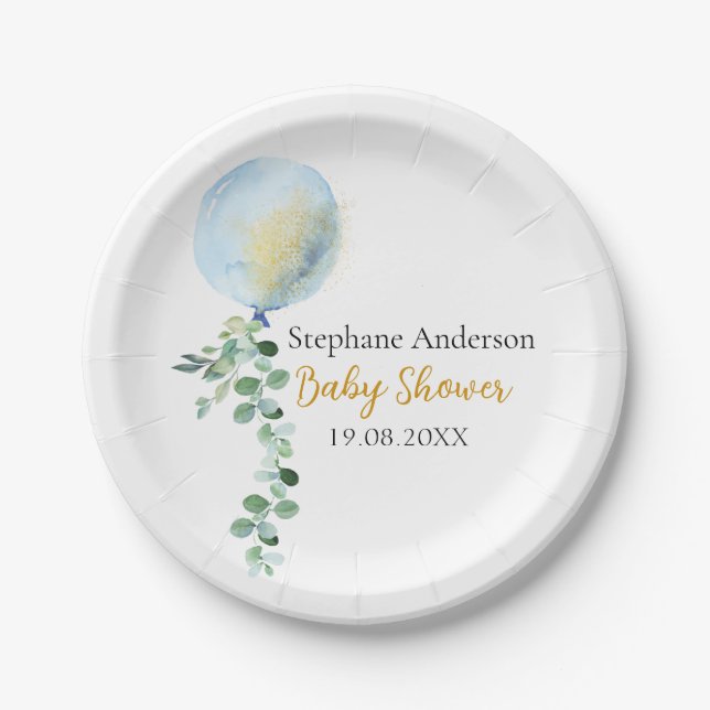 Oh Boy Baby Blue Balloon Eucalyptus Paper Plate (Front)
