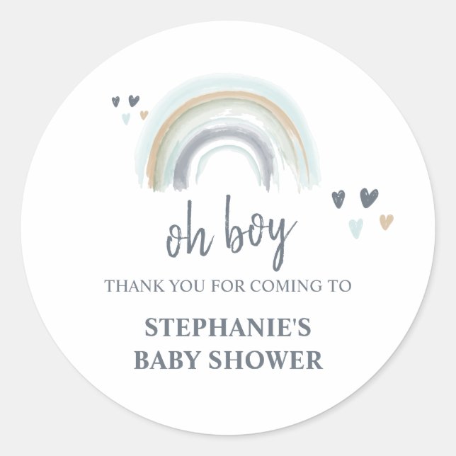 Oh Boy Baby Shower Blue Boho Rainbow Thank you  Cl Classic Round Sticker (Front)