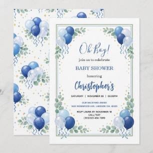 Oh Boy Baby Shower Modern Eucalyptus Blue Balloon Invitation