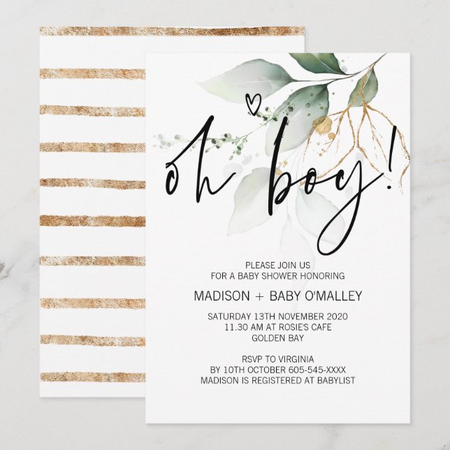 Oh Boy Baby Shower Party Modern Eucalyptus Invitation (Front/Back)