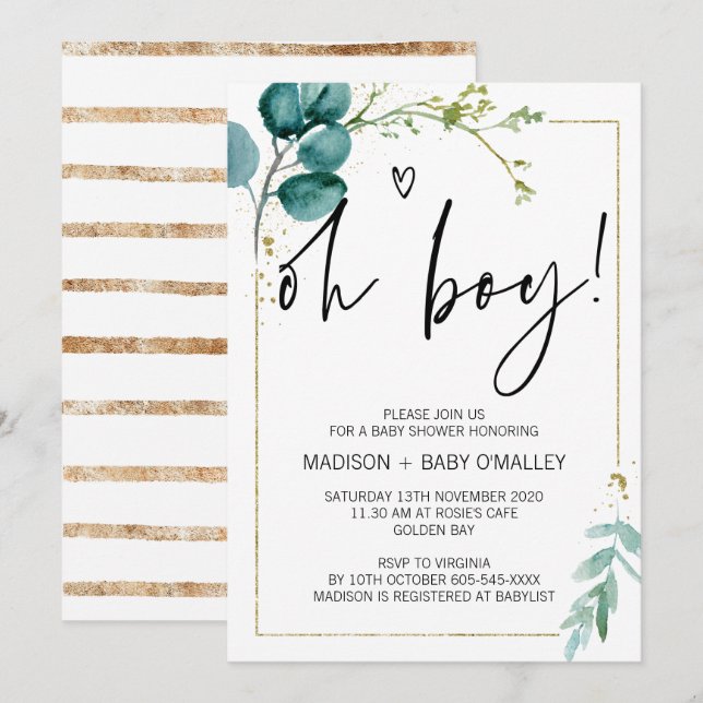 Oh Boy Baby Shower Party Modern Gold Eucalyptus Invitation (Front/Back)