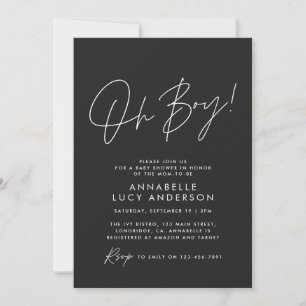 oh Boy baby shower script baby black elegant  Invitation